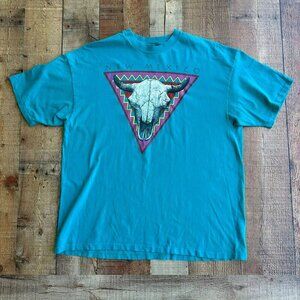 Vintage Hanes Beefy TShirt New Mexico Bull Skull Graphic Teal XL Made in USA '94